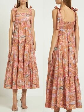 Zimmermann Cotton Cira Tie Shoulder Midi Dress Mocha Floral Size 0P/US 2 Petite
